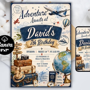 Inbjudan till Awaits Travel-födelsedagsfest, Vintagekarta över världen runt, Pass, Födelsedagsinbjudan för resor, Redigerbar Canvas-mall