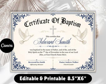 Modello di certificato di battesimo modificabile su Canva / Certificato di battesimo per neonato / Elegante certificato di battesimo stampabile per la chiesa / Download immediato in PDF