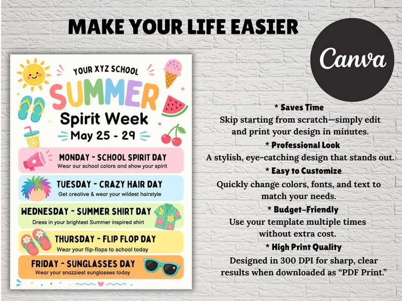 Editable Summer Spirit Week Flyer Template, Printable Camp & Daycare ...