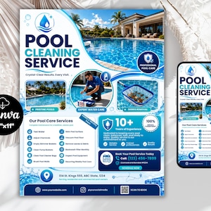 Könnte beinhalten: Ein 21,6 cm mal 27,9 cm großer Flyer für Poolreinigungsdienste und ein Smartphone-Display. Das Design zeigt ein Poolbild, Service-Symbole, Text zur Poolpflege, Kontaktinformationen und ein Abzeichen für über 10 Jahre Erfahrung.