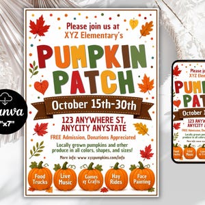 Könnte beinhalten: Ein 5x7 Zoll großer Flyer und ein Smartphone-Bildschirm mit einer Einladung zum Pumpkin Patch Event der XYZ Elementary. Das Design zeigt bunte Herbstblätter, fünf orangefarbene Kürbisse mit Textbeschriftungen für Aktivitäten.