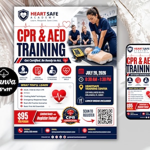 May include: A flyer and mobile phone display for Heart Safe Academy CPR & AED training. The design features a photo of a person performing CPR on a mannequin, event details for July 20, 2026, in Orlando, FL, a QR code, and a price of $95 per person.