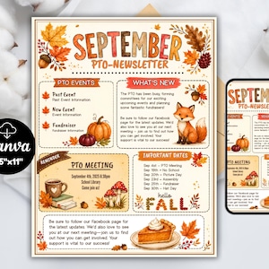 May include: A September PTO newsletter template featuring autumn-themed illustrations of maple leaves, acorns, a fox, pumpkins, mushrooms, and a slice of pumpkin pie. The document includes sections for events, important dates, and meeting details.