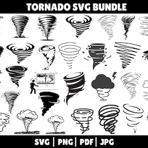 May include: A black and white Tornado SVG Bundle with various illustrations of tornadoes, including swirling vortex designs and storm cloud graphics. The text "TORNADO SVG BUNDLE" is at the top. The file formats are SVG, PNG, PDF, and JPG.