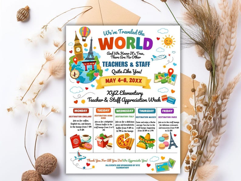 International Theme Teacher Appreciation Week Itinerary Flyer (canva ...