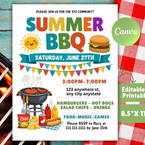 Pode incluir: Um convite colorido para um churrasco de verão com ilustrações de sol, hambúrguer e grelhador. O convite inclui detalhes do evento: data, hora, local e menu. O design é editável e imprimível, tamanho 21,59 cm x 27,94 cm.