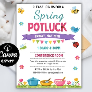 May include: A colorful invitation for a spring potluck, featuring the text "Spring Potluck" in pink and teal. The invitation includes the date, time, and location, with decorative illustrations of flowers, insects, and cooking utensils. The invitation is 8.5" x 11".
