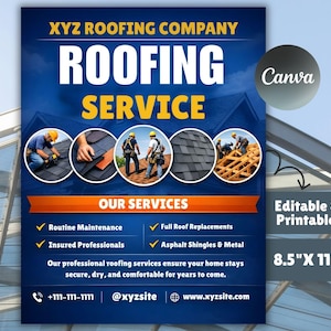 Può includere: Un volantino blu e arancione per XYZ Roofing Company. Il volantino include il testo "ROOFING SERVICE" e "OUR SERVICES". Il volantino misura 21,59 cm x 27,94 cm e include immagini di operai edili che lavorano sui tetti. Il volantino è anche etichettato come "Editable & Printable".