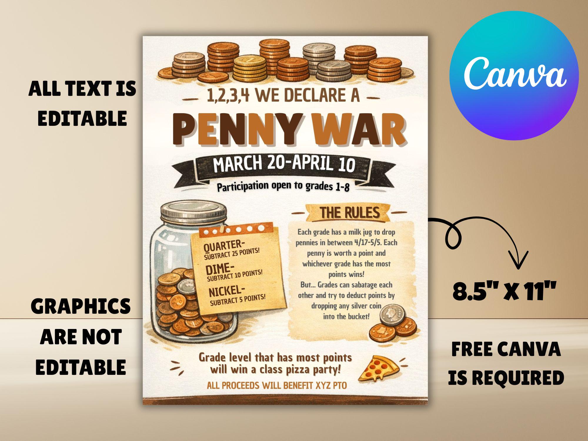 Penny War Flyer Editable Template, Coin Drive Fundraiser, Canva ...