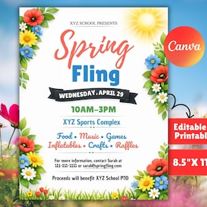 Puede incluir: Un folleto colorido para un evento "Spring Fling", con decoraciones florales y el texto "Spring Fling". El folleto incluye detalles del evento como la fecha, la hora, el lugar y las actividades. Mide 21,6 cm x 27,9 cm y es editable e imprimible.