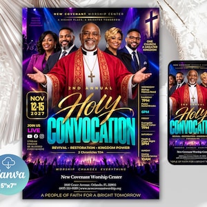 May include: A promotional flyer and mobile graphic for the 2nd Annual Holy Convocation at New Covenant Worship Center, featuring a central figure in red robes, four other individuals, event dates of Nov 12-15, 2027, and service times.