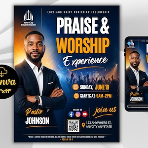 Może przedstawiać: Ulotka promująca wydarzenie chrześcijańskie, z pastorem Johnsonem. Projekt zawiera tekst "Praise & Worship Experience" w kolorze białym i pomarańczowym, ze szczegółami wydarzenia i ikonami mediów społecznościowych. Ulotka ma wymiary 21,59 cm x 27,94 cm.