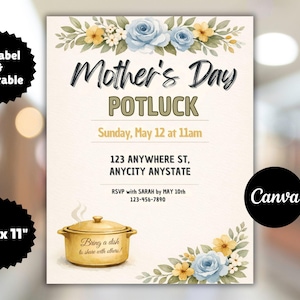 Op de afbeelding: Moederdag Potluck uitnodiging, 21,6 cm x 27,9 cm, met bloemaccenten en tekst. De uitnodiging bevat de datum, tijd en locatie. Het ontwerp heeft een aquarel stijl met blauwe en gele bloemen. De tekst luidt "Mother's Day Potluck".