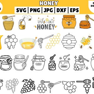 May include: A collection of honey-themed vector graphics in various styles. The images include jars of honey, honeycombs, honey dippers, and bees. The word "HONEY" is displayed in multiple designs, suitable for digital download.