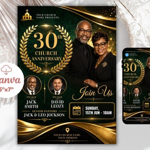May include: A 5x7 inch church anniversary flyer template featuring a dark green and gold design. It displays a couple, two guest speakers, and text including 30th Church Anniversary, Join Us, and Sunday, 15th Jun - 10AM. A mobile phone shows the same design.