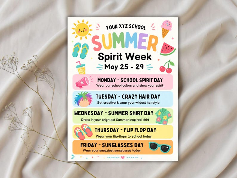 Editable Summer Spirit Week Flyer Template, Printable Camp & Daycare ...