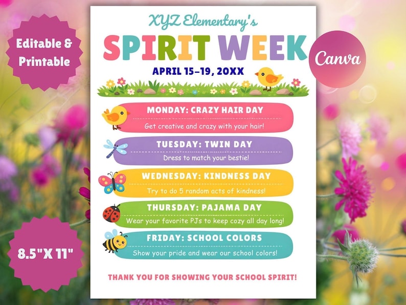 Spring Spirit Week Examples Spring Spirit Week Flyer Canva Template, School Spirit Schedule - Etsy