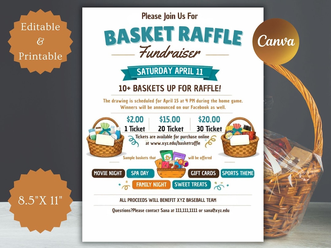 Basket Raffle Flyer Template, Editable Fundraiser Invitation (canva) - Etsy
