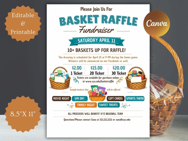 Basket Raffle Flyer Template, Editable Fundraiser Invitation (canva) - Etsy