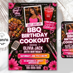 May include: A digital BBQ birthday cookout invitation template featuring a photo of a person in a pink top, a red drink, and grilled food. The text reads BBQ BIRTHDAY COOKOUT, OLIVIA JACK 28TH BIRTHDAY, SATURDAY JUN 7TH 1:00 PM, and 123 ANYEHERE ST.
