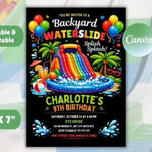 Può includere: Un colorato invito per una festa con scivolo d'acqua in giardino. Il design presenta uno scivolo d'acqua arcobaleno, palloncini, palme e il testo "Backyard Waterslide" e "Charlotte's 9th Birthday". L'invito misura 12,7 cm x 17,8 cm.