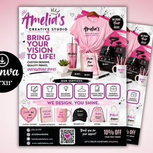 May include: A promotional flyer for Amelia's Creative Studio featuring a pink t-shirt, tumbler, notebook, heat press, and mugs. The flyer includes text such as Bring Your Vision To Life, Our Services, and We Design, You Shine, with an 8.5"x11" Canva label.