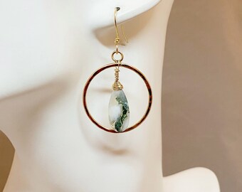 Hammered 14K gold filled hoops with common dendritic opal drops  (MX-15003-029)