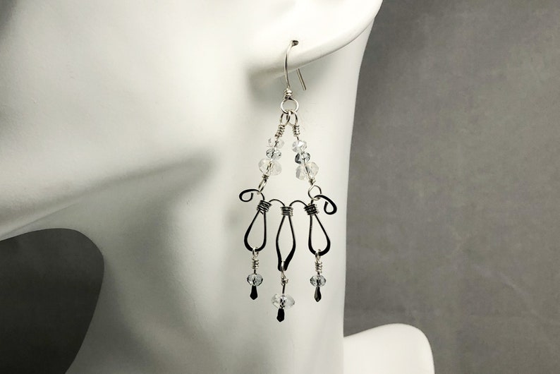 Sterling silver forged wire chandelier earrings with crystal beads MX-16003-014 image 1