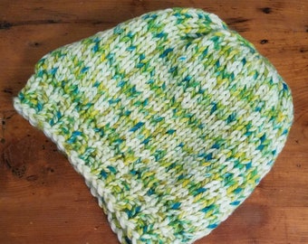 Green White Slouch Hat, Slouchy Beanie, Stocking Cap or Beret in multicolored apple green, yellow, and white. Hand knit in acrylic yarn