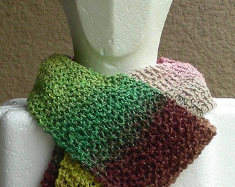 Scarf pink green beige brown Multicolored hand knit.  Pink green beige brown long scarf in a cotton rayon silk blend.