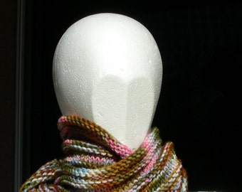 Cowl, pink brown blue tan green, mobius scarf, endless scarf, continuous scarf gaitor multicolored hand knit