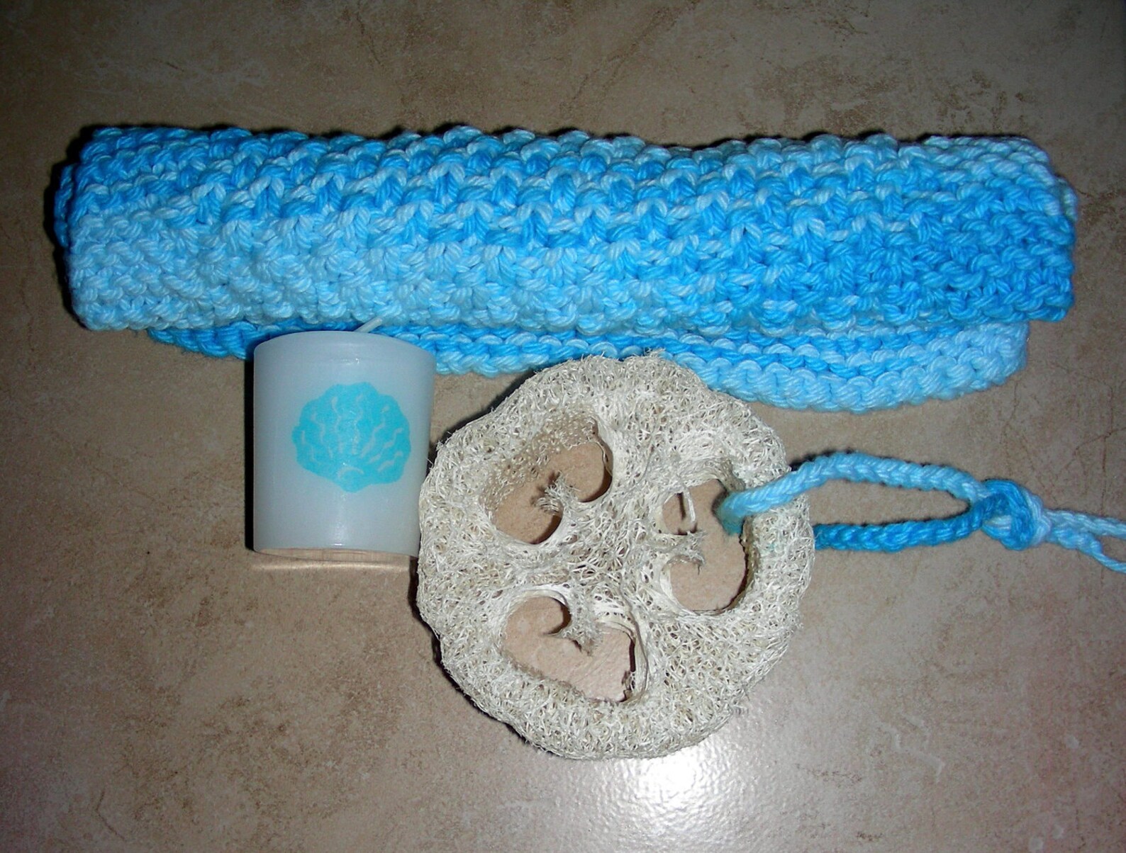Washcloth loofa round candle hand stamped spa set in blue Etsy