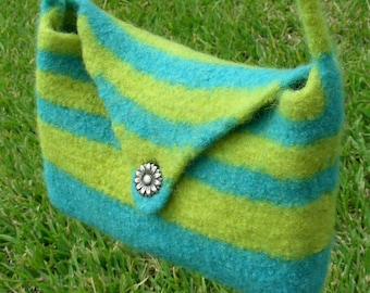 Bag purse shoulder bag blue and lemon green, yellow hand knit felted