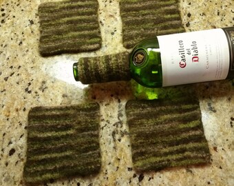 Coasters AND wine collar bottle collar drip catcher green brown tan hand knit felted wool