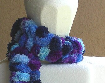 Long purple blue navy pom pom scarf neck warmer variegated hand knit over 6 feet in length
