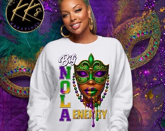 Big NOLA Energy Mardi Gras PNG / Chica con máscara de carnaval de Nueva Orleans / Reina afro morada, verde y dorada / Sublimación DTF imprimible / Descarga digital
