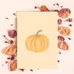 May include: A digital illustration of a pumpkin on a pale yellow background. The pumpkin is a light orange colour with a green stem. The image is surrounded by dried leaves and flowers, creating an autumnal theme.
