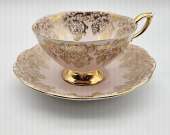 Royal Standard Fine Bone China "Golden Grapes" Teacup and Saucer Pink & Gold