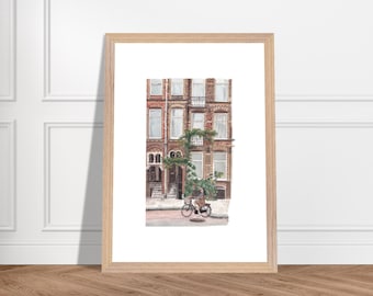Ciclista de Amsterdã em aquarela - Impressão artística emoldurada