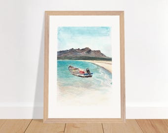 Coastal Serenity: pôster emoldurado de barco de pesca em aquarela