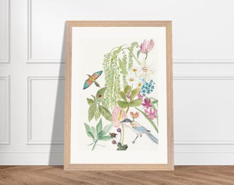 Impressão de arte em aquarela botânica: ilustração emoldurada de um pássaro de jardim místico