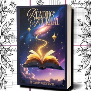 Può includere: Un diario di lettura con una copertina a tema galassia. La copertina presenta un libro aperto con pagine luminose, un cielo stellato e il testo "Reading Journal" in oro. Il libro è etichettato "By Cheeky Handcrafts."