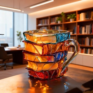 Può includere: Un'originale tazza di vetro a forma di pila di libri. La tazza presenta un manico trasparente ed è composta da sezioni colorate a forma di libro impilate in tonalità arancioni, blu e rosse. La tazza è appoggiata su una superficie scura.
