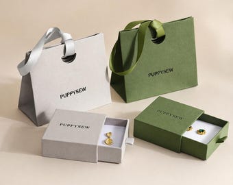 50pcs Custom Jewelry Gift Set, 9×9×3.2 cm Box + 15.5×7.5×13.5 cm Bag, Print Logo, Wedding Favor Packaging, Personalized jewelry bag