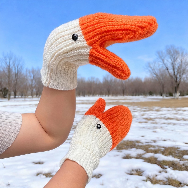 Winter Goose Gloves - Funny 3D Design, stretchy winter warm knit mittens,Handmade Crochet Knit Animal Gloves, Thermal Lined for Outdoor Use image 3