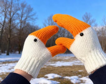 Winter Ganzenhandschoenen - Grappig 3D-ontwerp, rekbare warme gebreide winterwanten, handgemaakte gehaakte gebreide dierenhandschoenen, thermisch gevoerd voor gebruik buitenshuis