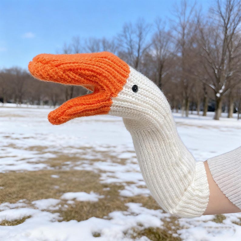 Winter Goose Gloves - Funny 3D Design, stretchy winter warm knit mittens,Handmade Crochet Knit Animal Gloves, Thermal Lined for Outdoor Use White Long