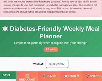 Planificador de comidas y registro de azúcar en sangre para la diabetes / PDF imprimible y descarga digital / Planificador semanal fácil para la diabetes tipo 2