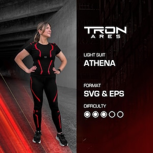 May include: Black athletic suit with red accents, featuring a short-sleeved top and leggings. The text on the image reads "TRON ARES LIGHT SUIT ATHENA FORMAT SVG & EPS". The difficulty level is indicated by circles.