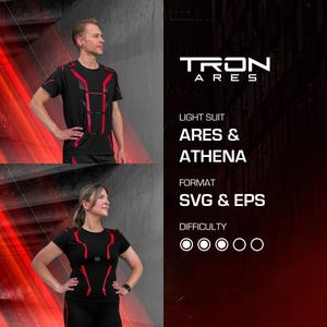 Puede incluir: Camisetas negras con detalles rojos, usadas por un hombre y una mujer. Las camisetas tienen un diseño futurista, con líneas rojas que delinean el torso y los brazos. El texto "TRON ARES" se muestra en blanco, junto con "LIGHT SUIT ARES & ATHENA" y "SVG & EPS".